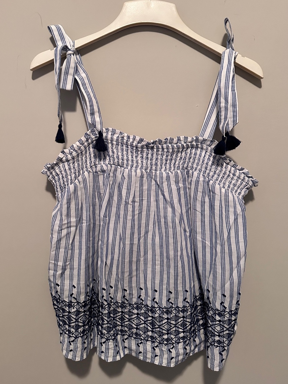 Old Navy White & Blue Striped Tie-Shoulder Camisole with Embroidered Detailing